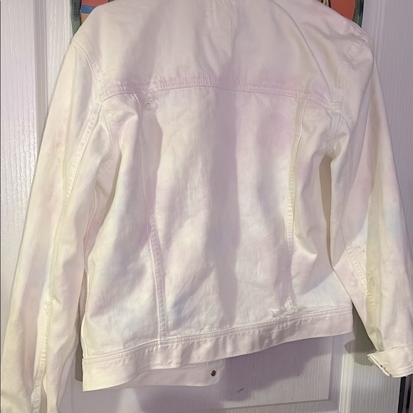 🩵3/$18🩵 American Eagle White Distressed Denim Jean Jacket Pastel Tie Dye Detail - Picture 9 of 11